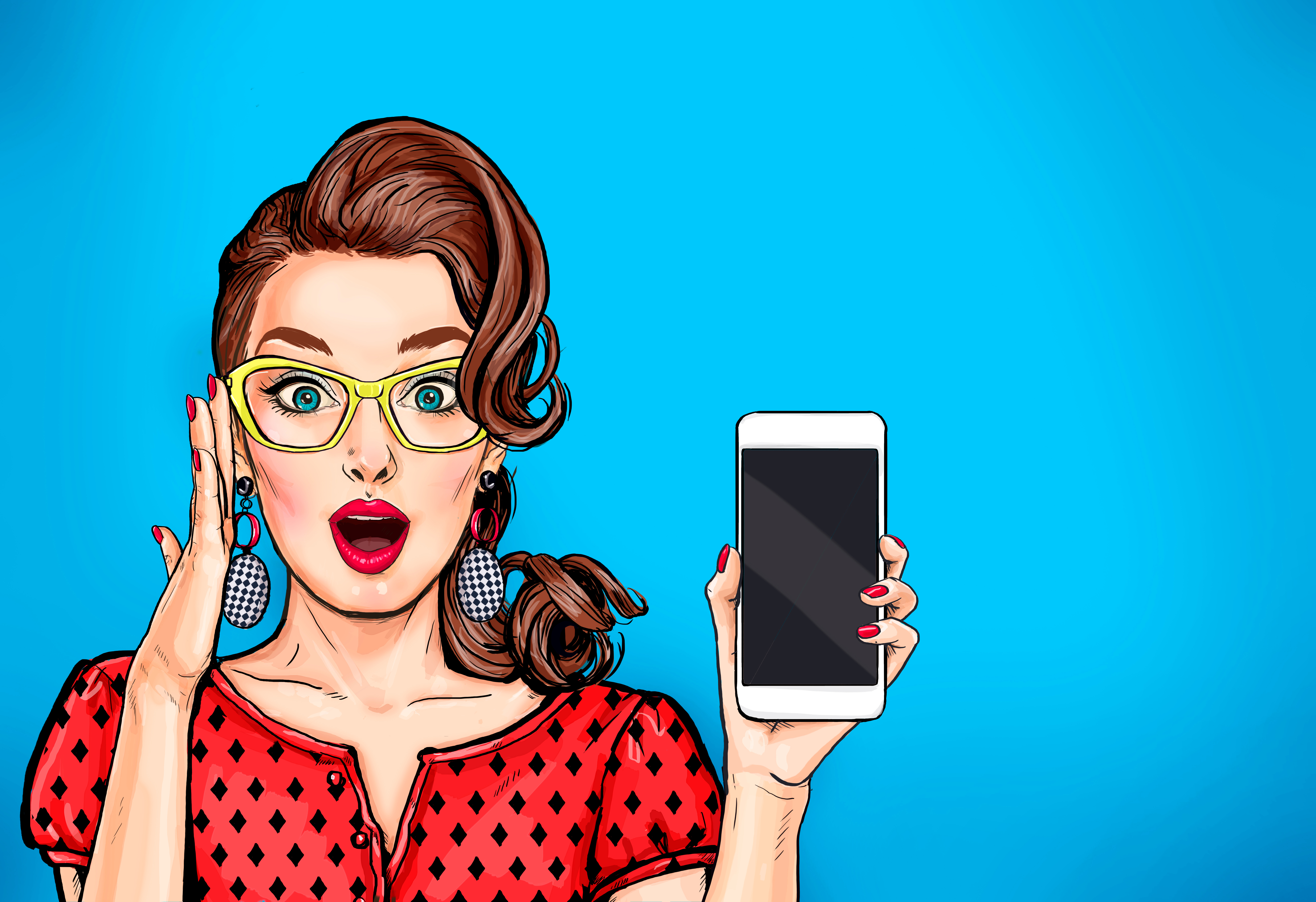 Attractive sexy girl in specs with phone in the hand in comic st